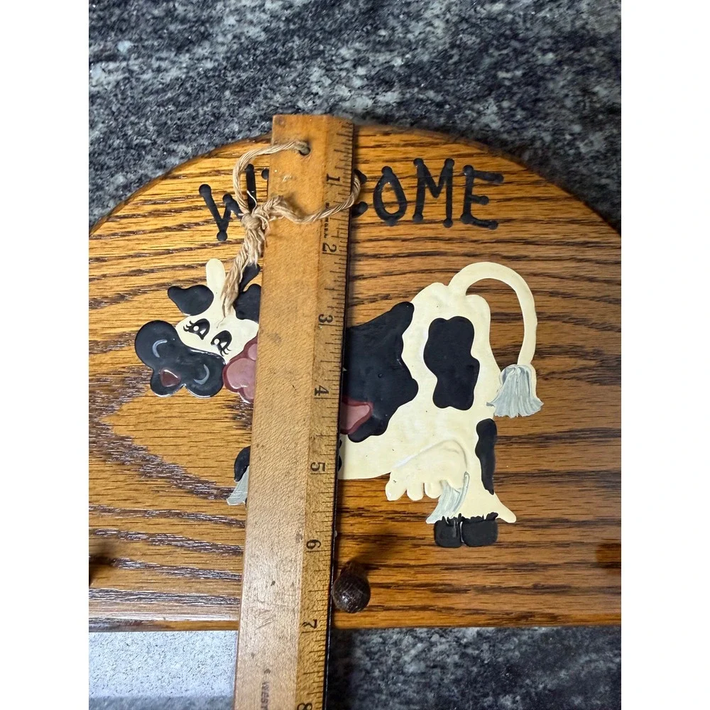 Vintage Hand Painted Wooden Cow Welcome Sign Farmhouse Oak Wall Key Holder